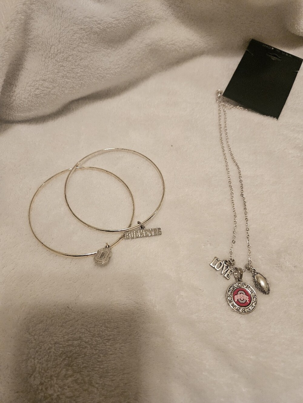 Silver Ohio State Charm Necklace and Gold Bangle Bracelet Set